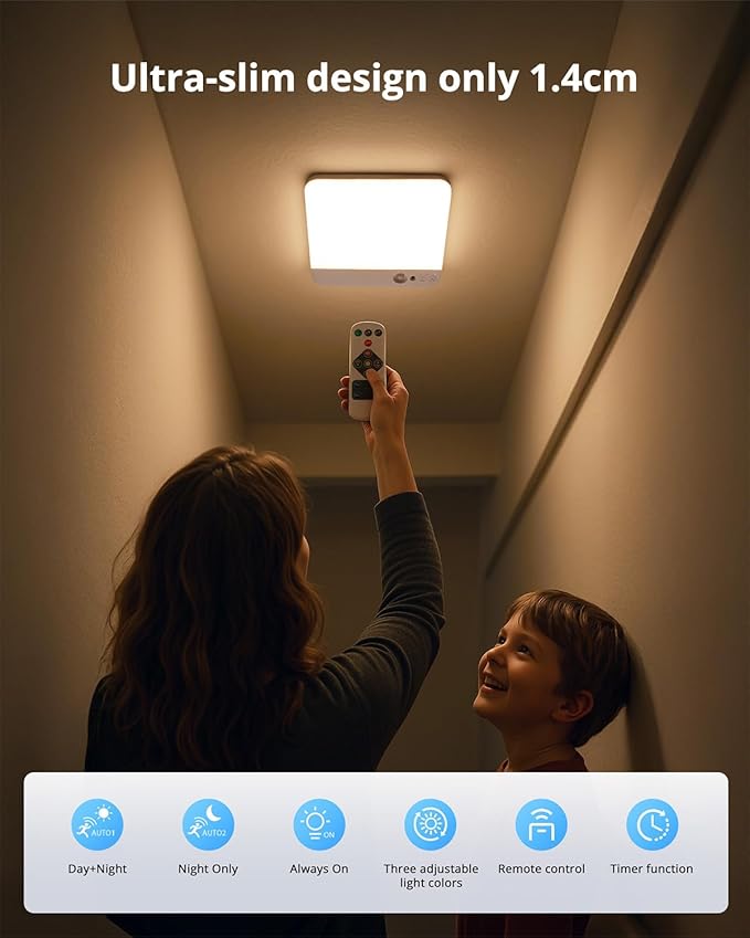 Combuh 2 Pack Square Rechargeable Ceiling Lights with Remote Operated Battery Powered, 85 Day Long Lasting Wireless Stick on Inside Waterproof Shower Lighting No Electricity Needed for Hallway Closet