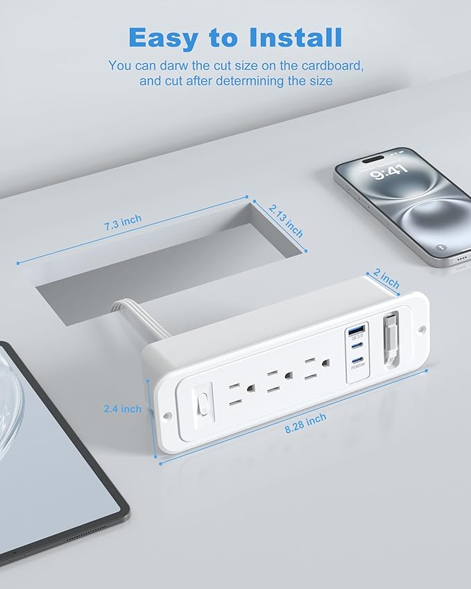 Recessed Power Strip with Retractable USB C Cable,2 PD 65W USB C Fast Charging,Flush Mount Countertop Drawer Outlet, Furniture Hidden Outlet for Side Table,End Table,3 Outlets (White, 6FT-65W)