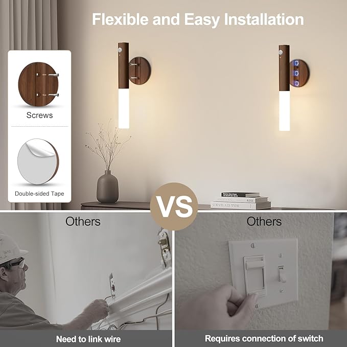 WhitePoplar Battery Operated Wall Sconce Set of 2 - Rechargeable Motion Sensor Night Lights, 2200mAh Wireless Wall Lights Sconce, Magnetic Portable Hallway Light for Kitchen Stair Cabinet, 3000K