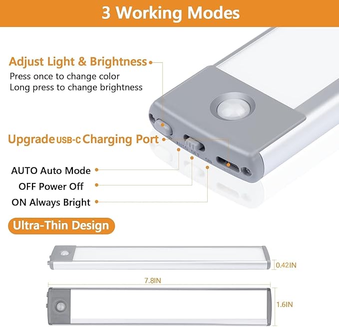Motion Sensor Under Cabinet Lighting, 2-Pack USB-C Rechargeable 1700mAh Battery, 3 Color Temperatures & Dimmable, 35LED Wireless Magnetic Design for Kitchen, Closet, Stairs, Workshop