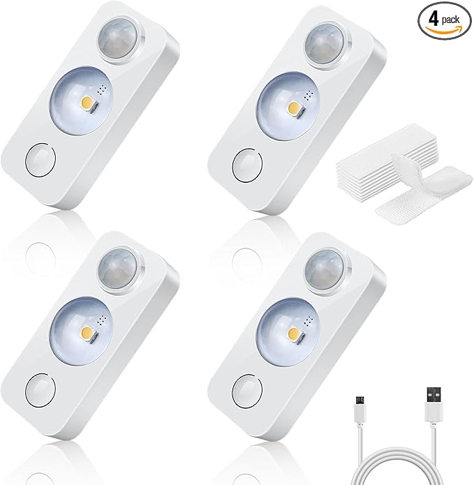 NIEGNOWOO LED Motion Sensor Puck Lights, Rechargeable Cabinet Lights, Stick on Wireless LED Night Light for Closet, Drawer, Shelf, Under Cabinet, Daylight White 4Pack, USB Charging Cord Included