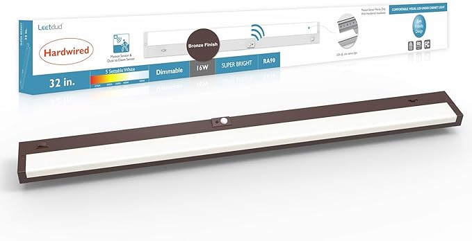 Leetdud Under Cabinet Lighting Motion Sensor Hardwired, 32 Inch 16W Dimmable, 5 CCT 2700/3000/3500/4000/5000K, Eyes Care Design Linkable Under Counter Lights for Kitchen, Sink, ETL Listed, Bronze