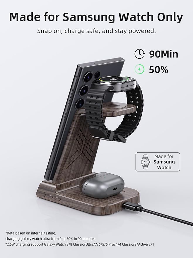 Wireless Charger for Samsung Charging Station: 3 in 1 Android Charging Stand with Dimmable Clock - Nightstand Organizer for Galaxy S25 Ultra, Galaxy Watch 8 7 6 5 4, Galaxy Buds (Not for iWatch)