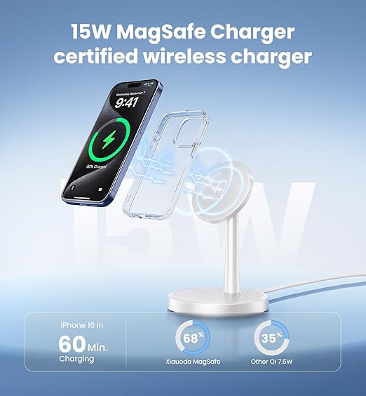 Magnetic Wireless Charger iPhone, 2 Pack 15W Fast Mag-Safe Charger Stand for iPhone 17/17 Air/17 Pro/17 Pro Max 16/15/14/13/12 Series, Wireless Charging Station for Pad/AirPods(White)