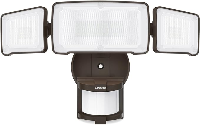 LEPOWER LED Security Light Motion Sensor Light Outdoor, 38W 4200LM Motion Security Light, 5500K, IP65 Waterproof, 3 Head Motion Detected Flood Light for Garage, Yard, Porch (Brown)