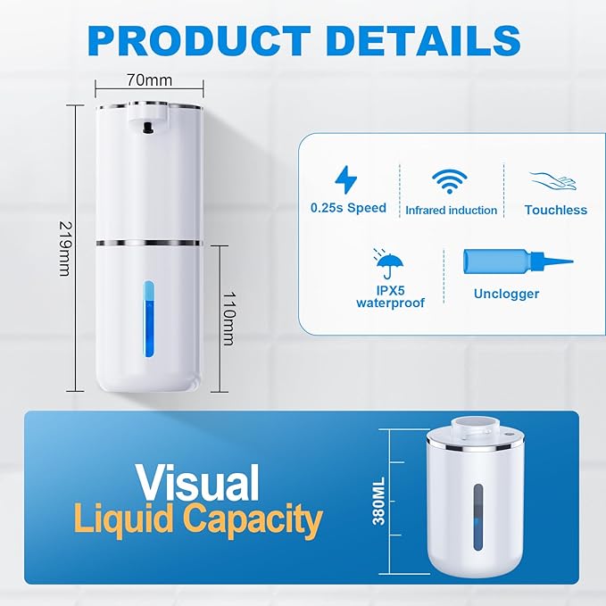 Automatic Soap Dispenser,P11-380ml, Wall Mount Touchless 4 Gear Adjustable Electric Soap Dispenser,USB Rechargeable with Infrared Motion Sensor for Bathroom,Kitchen,Office (White,Foam)
