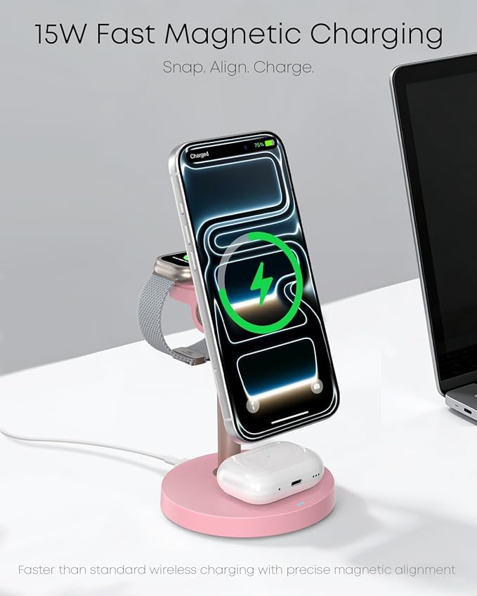 3 in 1 Magnetic Wireless Charging Station, 15W Fast Charger Stand for iPhone, Phone Charger Stand for Desk Nightstand, for iPhone 17/16/15/14/13/12, Apple Watch & AirPods, Adapter Not Included -Pink