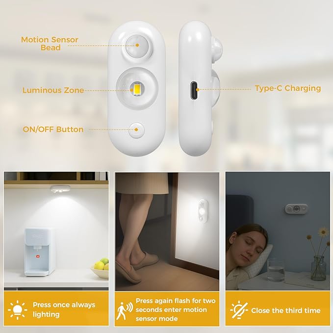 LED Motion Sensor Puck Lights, Small Rechargeable Under Cabinet Light, Dimmable Daylight White Closet Lights, Wireless Under Cabinet Lighting for Drawer, Kitchen (6 Pack)