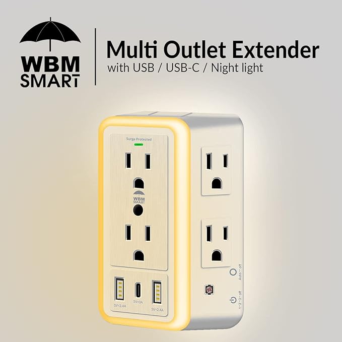 WBM Smart Multi Plug Outlet, Surge Protector, 6-Outlet Extender with 2 USB Charging Ports, USB-C and Night Light, 3-Sided Power Strip with Adapter Spaced Outlets - White