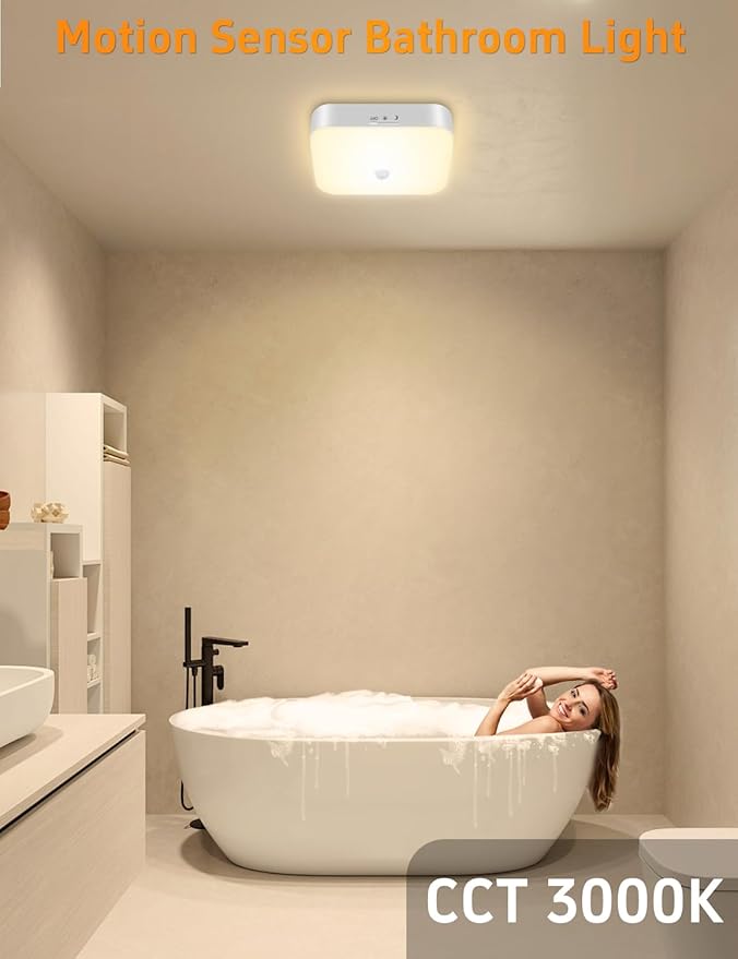 TOOWELL Rechargeable Motion Sensor Closet Light - 10000mAh Battery Operated Ceiling Light,500LM Warm White Wireless Ceiling Lights for Closet Shower Bathroom Pantry Hallway Porch Stair 3000K