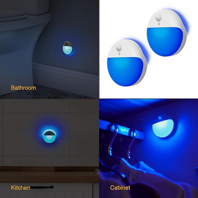YUNLEX 2 Pack Blue Battery Night Light, Motion Activated Stick on Lights, 2.6" Small Travel Night Light, 3 Light Modes, Very Dim, Dimmable Battery Operated Lights for Toilet, Bathroom, Kids, Game Room