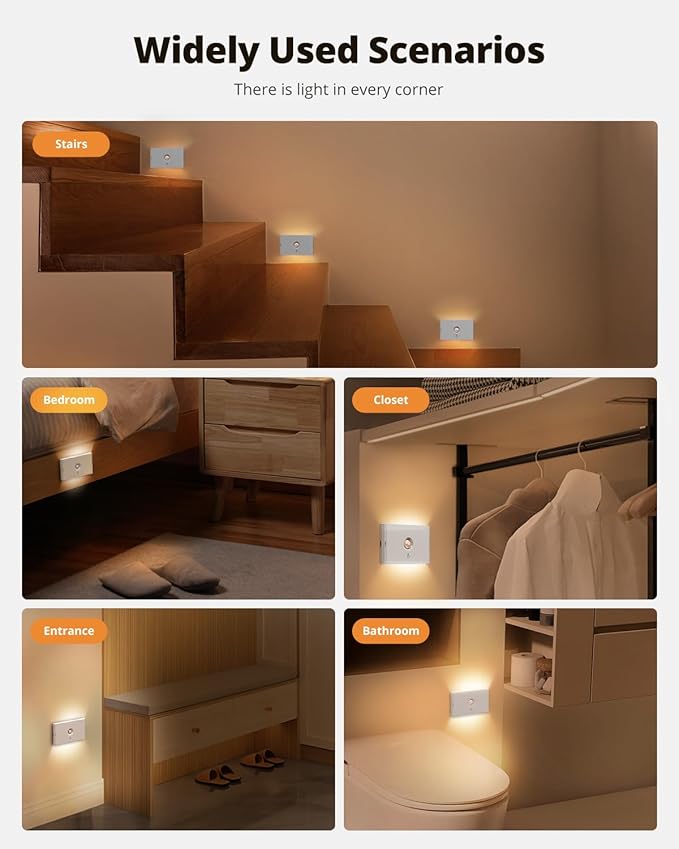 wowatt 3CCT Rechargeable Stair Lights Indoor, White Stairway Lights Indoor with Magnetic Mount, Dimmable Stair Lights Motion Sensor for Stairway, Hallway, Kitchen, Bathroom(8 Packs)
