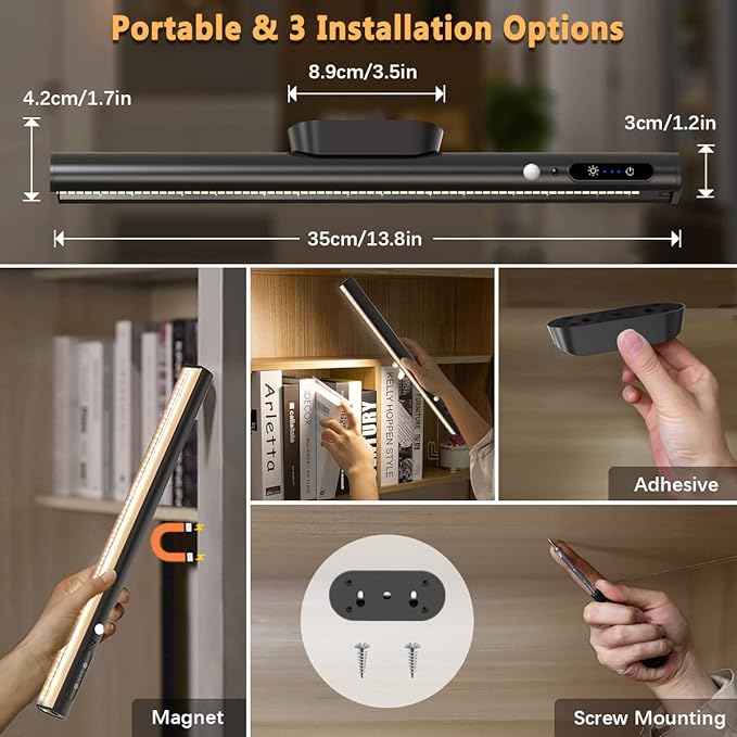 Battery Powered Operated Wall Strip Lights, Motion Sensor LED Light Bar Indoor, Rechargeable Magnetic Under Cabinet Lighting Wireless with Remote Control for Desk Mirror Closet Kitchen-Black