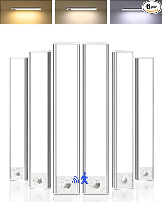 10inch Under Cabinet Lighting, 6-Pack Rechargeable Motion Sensor Light Indoor, Magnetic Closet Lights, Dimmable & 3 Color Temps, Wireless Under Counter Lights for Kitchen, Stairs