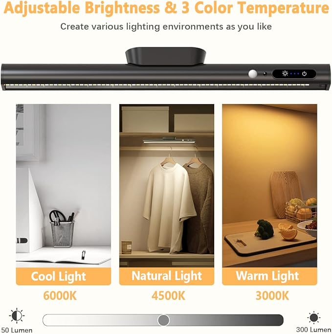 Battery Powered Operated Wall Strip Lights, Motion Sensor LED Light Bar Indoor, Rechargeable Magnetic Under Cabinet Lighting Wireless with Remote Control for Desk Mirror Closet Kitchen-Black