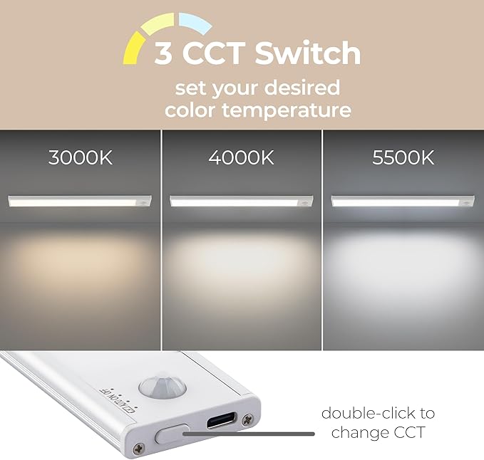 Magnetix 8in Rechargeable LED Under Cabinet Motion Sensor Light Bar with Magnetic Mounting Clips, Dimmable and 3-CCT Selectable in Brushed Aluminum for Kitchen and Closet