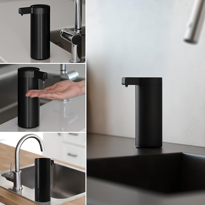 Automatic Soap Dispenser Stainless Steel with Sensor Infrared Soap Dispenser Electric IPX5 Waterproof USB-C Charging Motion Sensor for Kitchen & Bathroom (Matte Black)