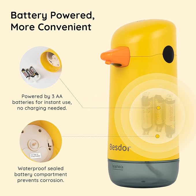 Besdor Automatic Soap Dispenser, Yellow Duck Cute Touchless Soap Dispenser, Infrared Sensor, Battery Powered, for Bathroom Kitchen