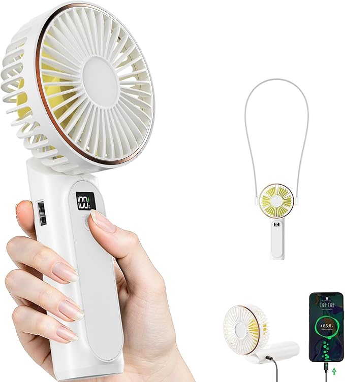 TUNISE Portable Handheld Fan, Portable Fan Rechargeable, 4000mAh, 180° Adjustable, 6 Speed Wind, Display Electricity in Real Time, USB Rechargeable Foldable F an, Quiet Personal Fan with Power Bank