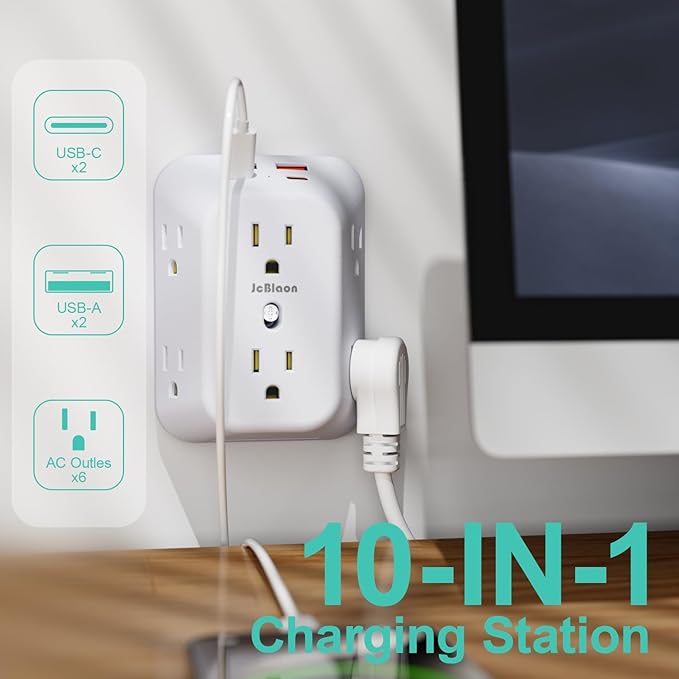 Multi Plug Wall Outlets, 6-Port Outlet Extender with 4 Charging USB Ports (2 USB A, 2 USB C), 4 Sided 1050J Surge Protector wall Plug Adapter Reserved for Home Travel and Office use