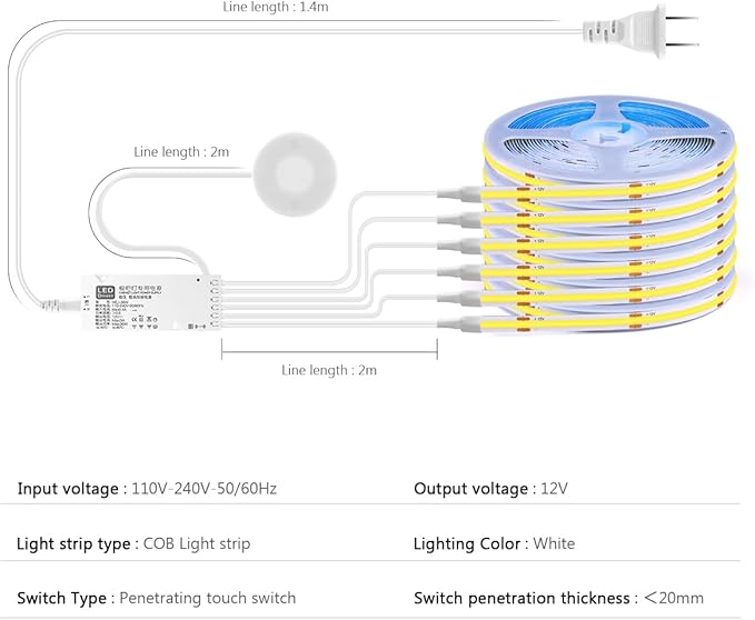Under Cabinet LED Lighting kit, 6 PCS 6500K White LED Strip Lights Penetrable Wood Touch Dimmable COB LED Strip with 60W Adapter for Kitchen Cabinet,Counter,Shelf,TV Back,Showcase