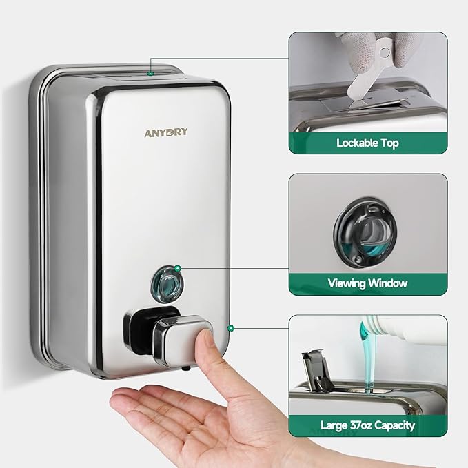anydry Commercial Wall Mounted Soap Dispenser 37oz 1100ml Large Capacity Polished Stainless Steel Manual Dispenser for High Traffic Restrooms