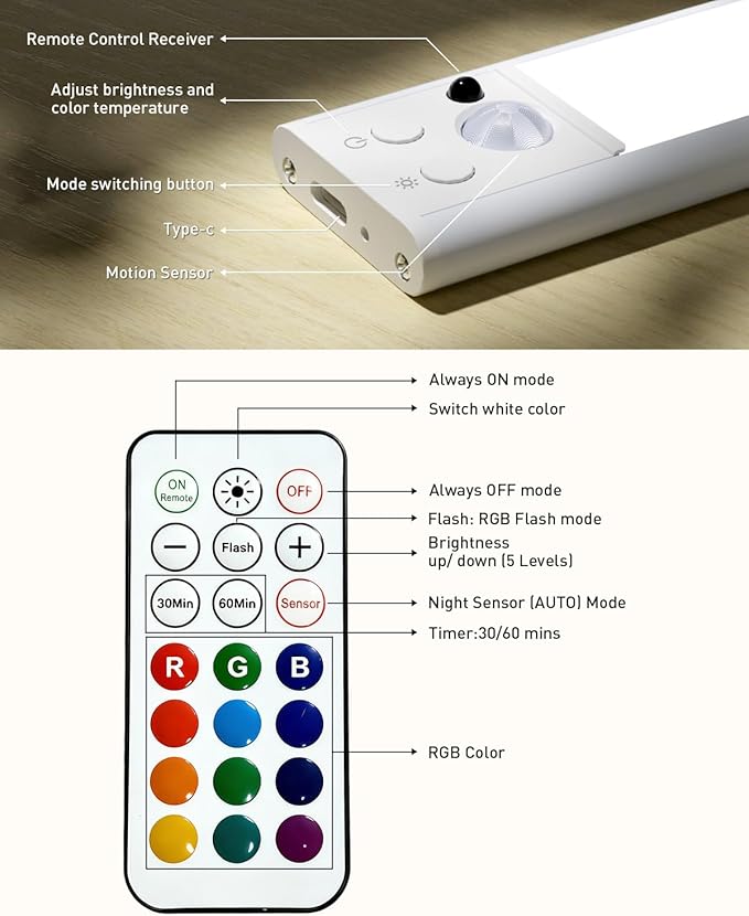 Under Cabinet Lighting with Remote Control, 96-LED Rechargeable Motion Sensor Light, 12 Inch RGB Color Changing Lights Wireless, Dimmable & 15 Color Temps, Magnetic Closet Lights for Kitchen Stair