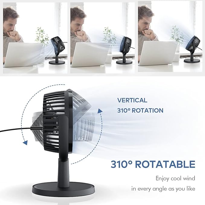 Mini Desk Fan, USB Powered Desktop Fan with 4 Speeds, Small but Powerful Strong Airflow Work Quiet, 310° Adjustment, Portable Personal Air Circulator Fan for DesktopTable Office Bedroom-Black