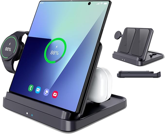 for Samsung Galaxy Z Fold 7 6 5 4 Wireless Charger Station, Foldable 3 in 1 Wireless Charging Stand for S26 Ultra S25 Flip 7 /Galaxy Watch/Galaxy Buds, Charger Stand Dock for Travel