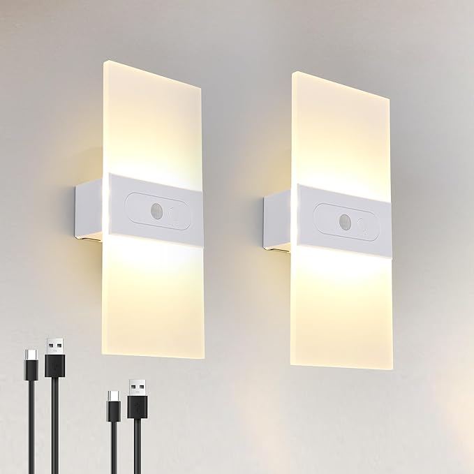 Rechargeable Wall Sconces Set Of Two Battery Operated，Magnetic Motion Sensor night Lights Indoor ,Battery Operated White Shell Warm White LED Dimmable Wall lights for living room,Hallway,Stair