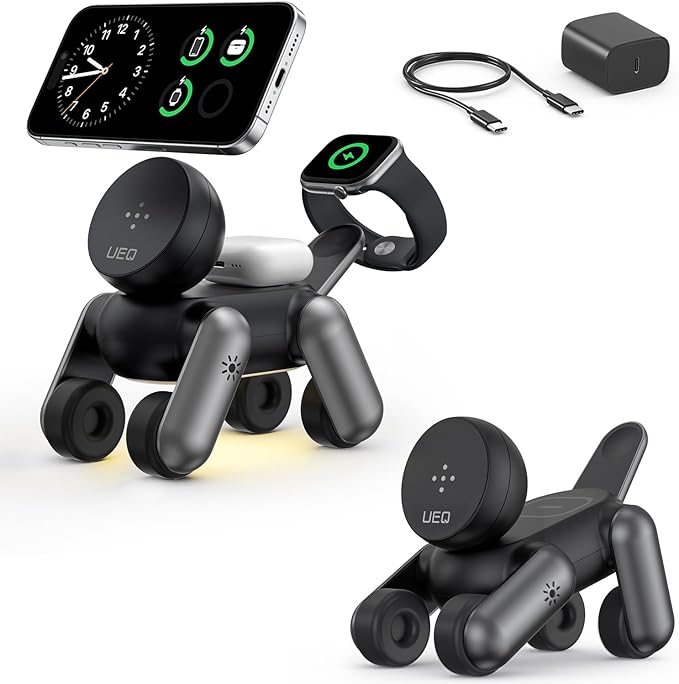 UEQ 3 in 1 Wireless Charging Station for Apple Devices,Foldable Cute Magnetic Mag-Safe Wireless Charger Stand with Night Light for iPhone 17 Air 16 15 14 13 12 Series,AirPods 4 3 2 Pro,Apple Watch