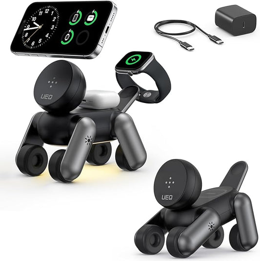 UEQ 3 in 1 Wireless Charging Station for Apple Devices,Foldable Cute Magnetic Mag-Safe Wireless Charger Stand with Night Light for iPhone 17 Air 16 15 14 13 12 Series,AirPods 4 3 2 Pro,Apple Watch