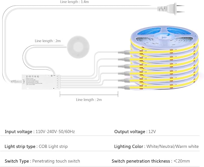 AIMENGTE Cabinet Light 12V COB LED Strip Lights, 6-in-1 Penetrable Touch Dimming, Suitable for Wine Cabinets, Shoe Racks, Display Cabinets, Wardrobes, Kitchen Cabinets, and Showcase Lighting