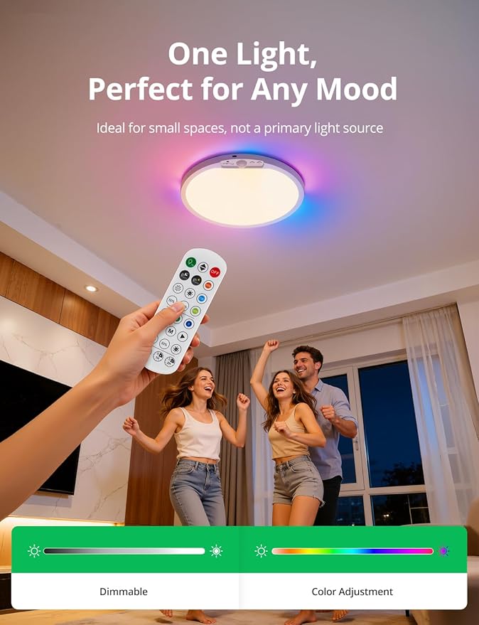 Bojim 10000mAh Battery Operated Ceiling Light with Remote, Rechargeable Wireless Waterproof Shower Light with RGB Backlight, 12 Inch Dimmable Hallway Lamp Motion Sensor for Room Closet Pantry Garage
