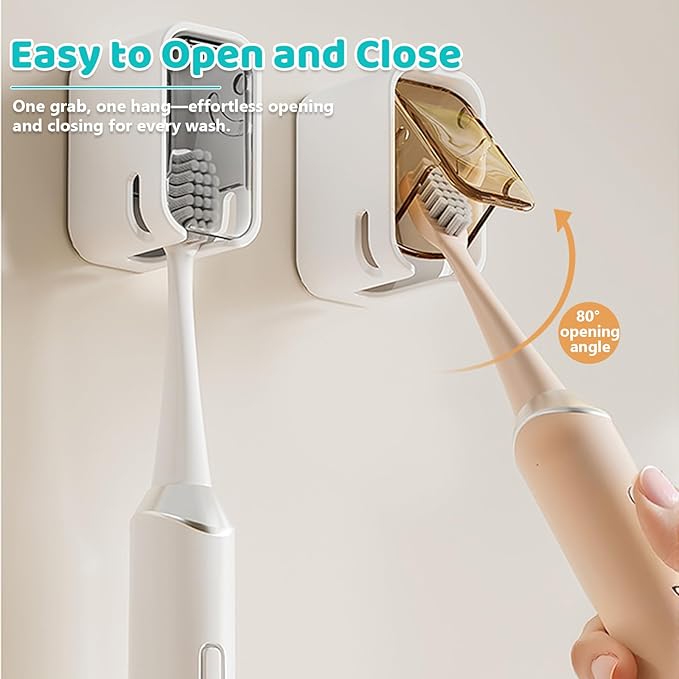 3 Pack Toothbrush Holders for Bathroom, Self Adhesive Wall Mounted Toothbrush Holder with Cover, Single Toothbrush Dispenser Storage Organizer for Family, Travel, Waterproof and Dustproof (Grey)