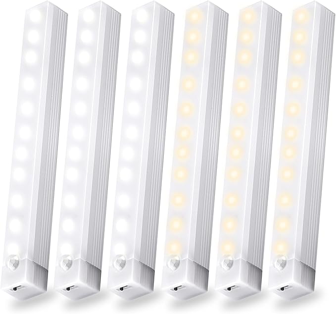6 Pack Motion Sensor Under Cabinet Light, Magnetic Rechargeable 2 Color Under Counter Light, 8 Inch LED Closet Light for Stair Bedroom Cupboard