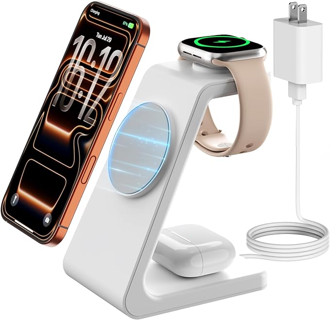 Magsafe Wireless Charging Station for iPhone: Certified 15W Fast Charging Station, 3 in 1 Magnetic Charger Stand for iPhone 17/16/15/14/13/12 Series, Apple Watch, AirPods 4/3/Pro