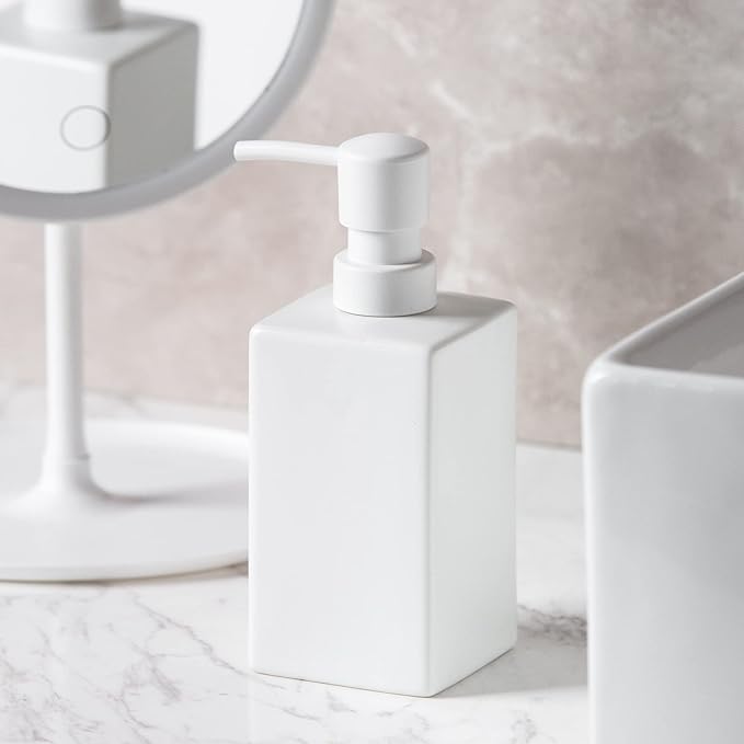 Square Matte White Soap Dispenser Ceramic Hand Soap and Lotion Dispenser for Bathroom Countertop,Dish Soap Dispenser for Kitchen-14oz.