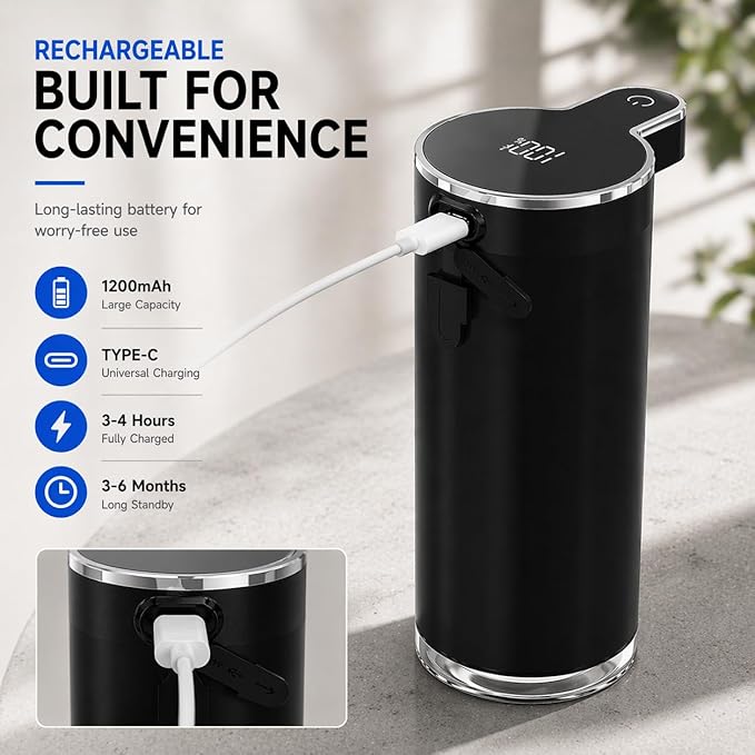 Automatic Liquid Soap Dispenser Touchless, Stainless Steel Hand Soap Dispenser, USB Rechargeable, 4 Adjustable Levels, 11.8oz/350ml for Kitchen and Bathroom (Black, Liquid)