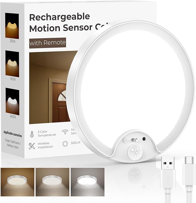 Fizrice Rechargeable Motion Sensor Ceiling Light – No Wiring, USB Charging, 150+ Days Battery Life, Perfect for Hallways, Closets & Bathrooms