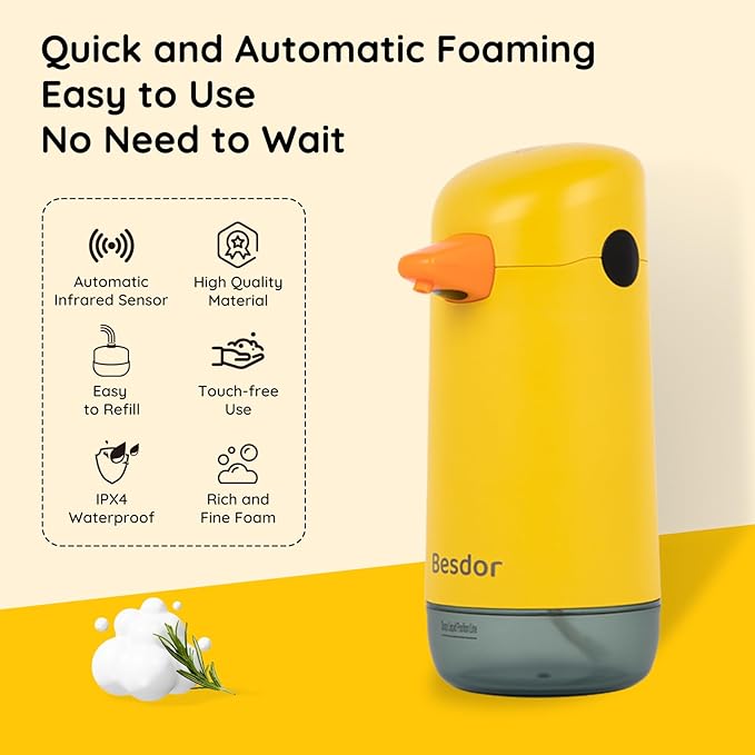 Besdor Automatic Soap Dispenser, Yellow Duck Cute Touchless Soap Dispenser, Infrared Sensor, Battery Powered, for Bathroom Kitchen