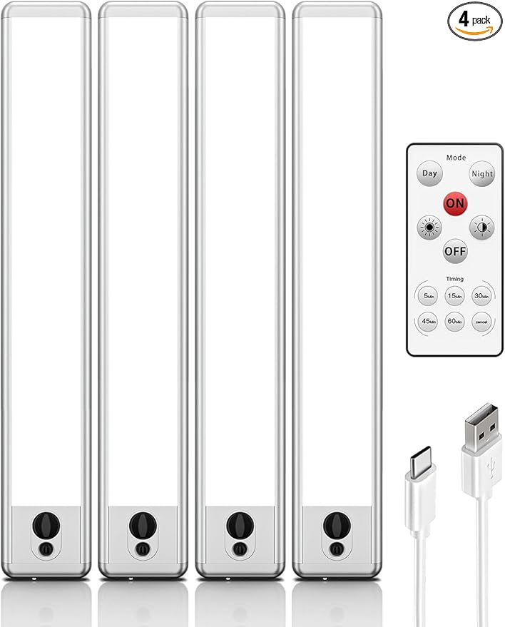 EZVALO Under Cabinet Lights, 14.5'' Motion Sensor Light Indoor Dimmable, 4000mAh Rechargeable Closet Lights 5700K with Remote Control, Wireless Under Counter Light for Kitchen,Cabinet,Bedroom（4Pcs）