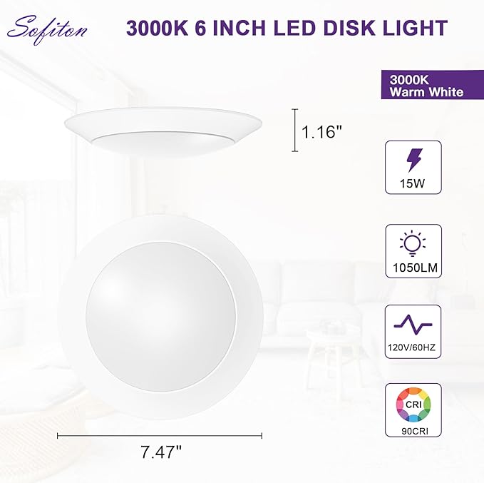 LED Disk Lights 6 Inch, 15W Surface Mount LED Ceiling Light 1050LM, 3000K, 120V, Dimmable, CRI90+, Flush Mount Disc for Kitchen, Closets, Bathroom, ETL Listed, 12Pack