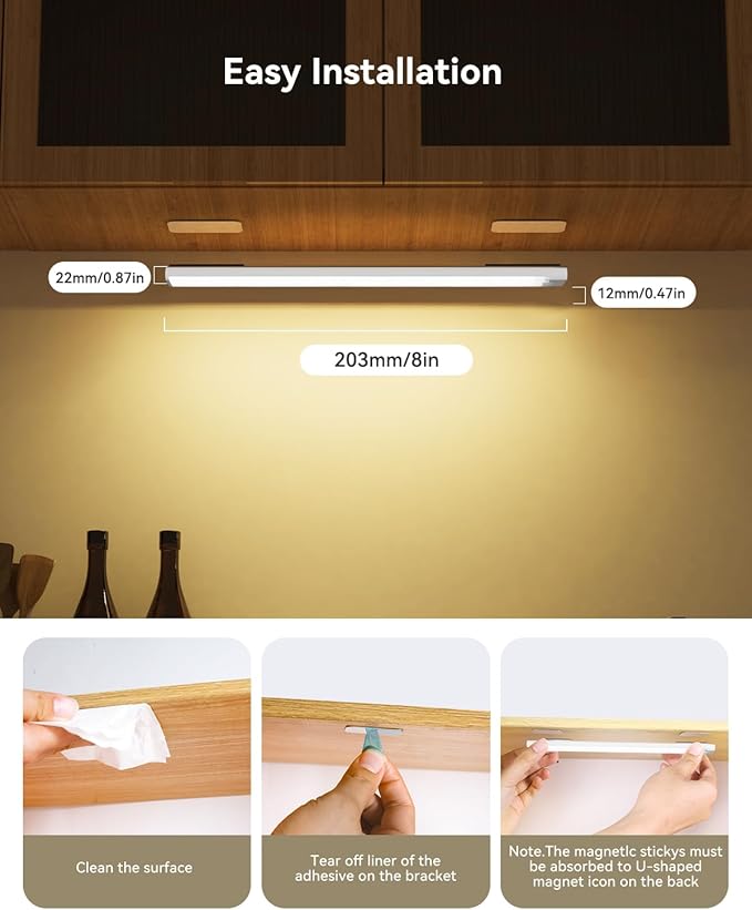 6-Pack 8-Inch Under Cabinet Lighting with Charging Station Rechargeable Motion Sensor Light Indoor 3 Color Dimmable Closet Light USB LED Magnetic Wireless Under Counter Lights for Kitchen Stair