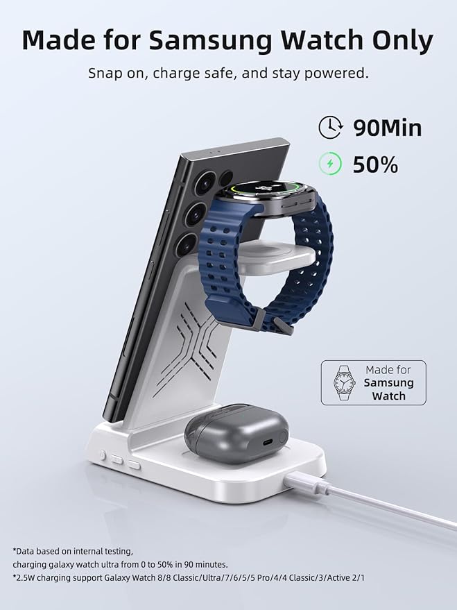 Wireless Charger for Samsung Charging Station: 3 in 1 Android Charging Stand with Dimmable Clock - Nightstand Organizer for Galaxy S25 Ultra, Galaxy Watch 8 7 6 5 4, Galaxy Buds (Not for iWatch)