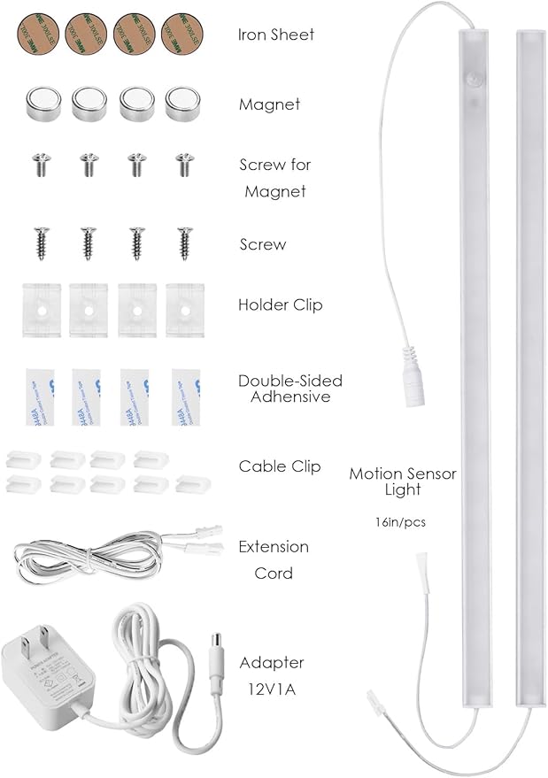 Under Cabinet Motion Sensor Lighting Indoor Plug in, 16" 12V LED Under Counter Lights Super Bright Ultra Thin Magnetic for Kitchen/Hallway/Toilet/Garage/Closet(Warm White/3000K, 2 Pack)