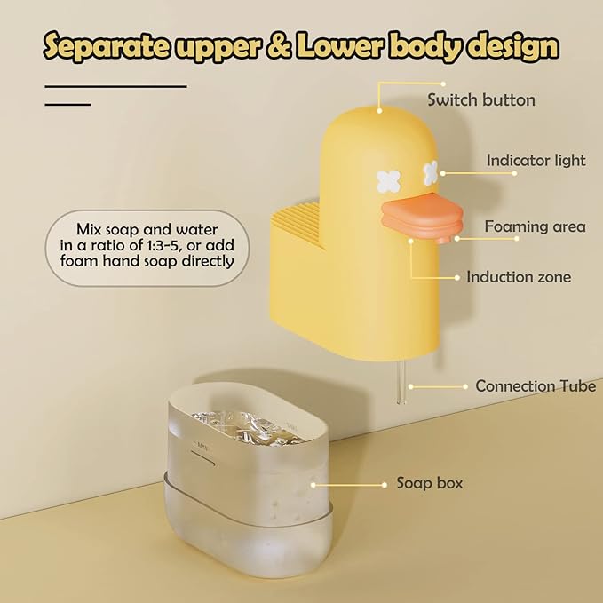 Seawah Automatic Foaming,Rechargeable Cute Bubble Duck Touchless Hand Foam Soap Dispenser for Bathroom,Smart Electric Sensor Soap Dispenser Kitchen(Yellow)