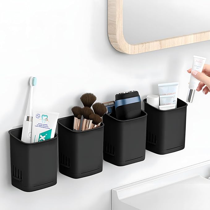 Toothbrush Holder Cup Wall Mounted Drill-Free for Bathroom Shower Electric Toothbrush Toothpaste Razor Holder Removable Waterproof Sturdy Self Draining, Tableware Holder for Kitchen(1pcs&Black)