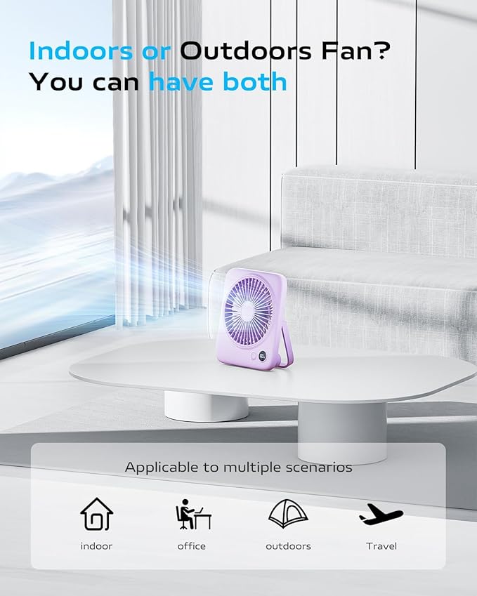 Otlonpe Portable Desk Fan 6.5 Inch, 4000mAh Rechargeable Battery Operated & USB Powered, 23Hrs Cordless Small Personal Fan 4-Speed Quiet for Office Travel Home Sleeping, Led Display, Foldable (Purple)