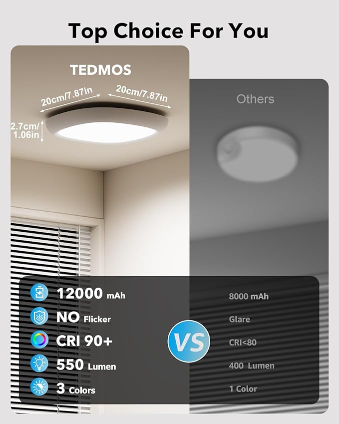 2 Pack Rechargeable Shower Lights for Inside Shower, 12000mAh Motion Sensor Wireless Ceiling Light with Remote No Wiring, Battery Operated Closet Lights Cordless LED Overhead Lighting Bathroom Garge